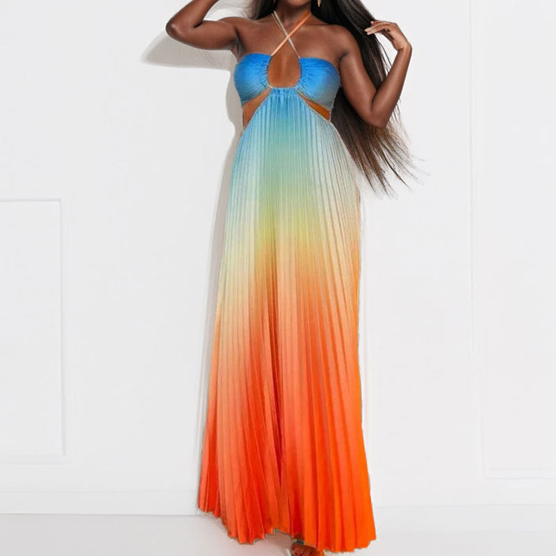 Women summer gradient Halter Neck pleated beach Holidays Maxi Dress 14