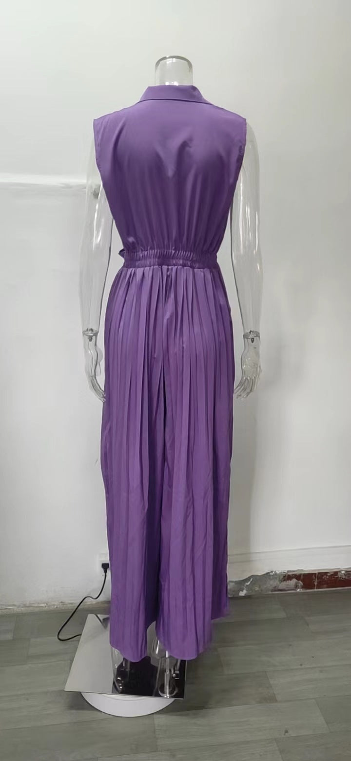 Women'S Fall Fashion V-Neck Sleeveless Turndown Collar Loose Wide Leg Jumpsuit 17