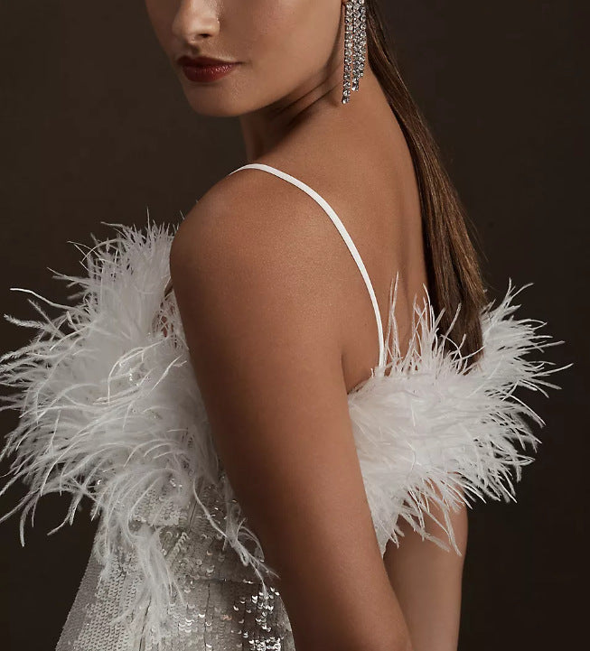 Women Party Dresses Faux Fur Patchwork Sequins Off Shoulder Sexy Strapless Dress 4