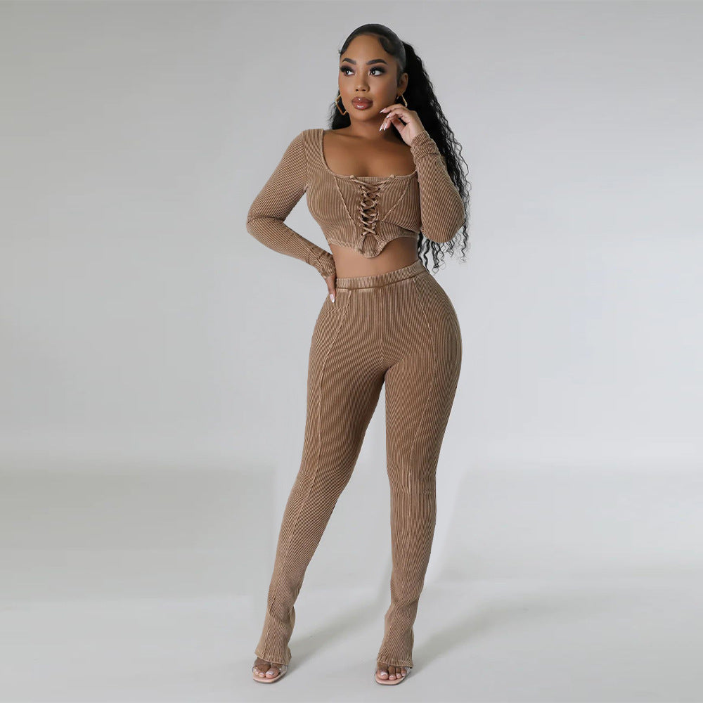 Women's Square Neck Long Sleeve Lace Up Top Sexy Tight Fitting Pencil Pants Fashion Two Piece Set 5