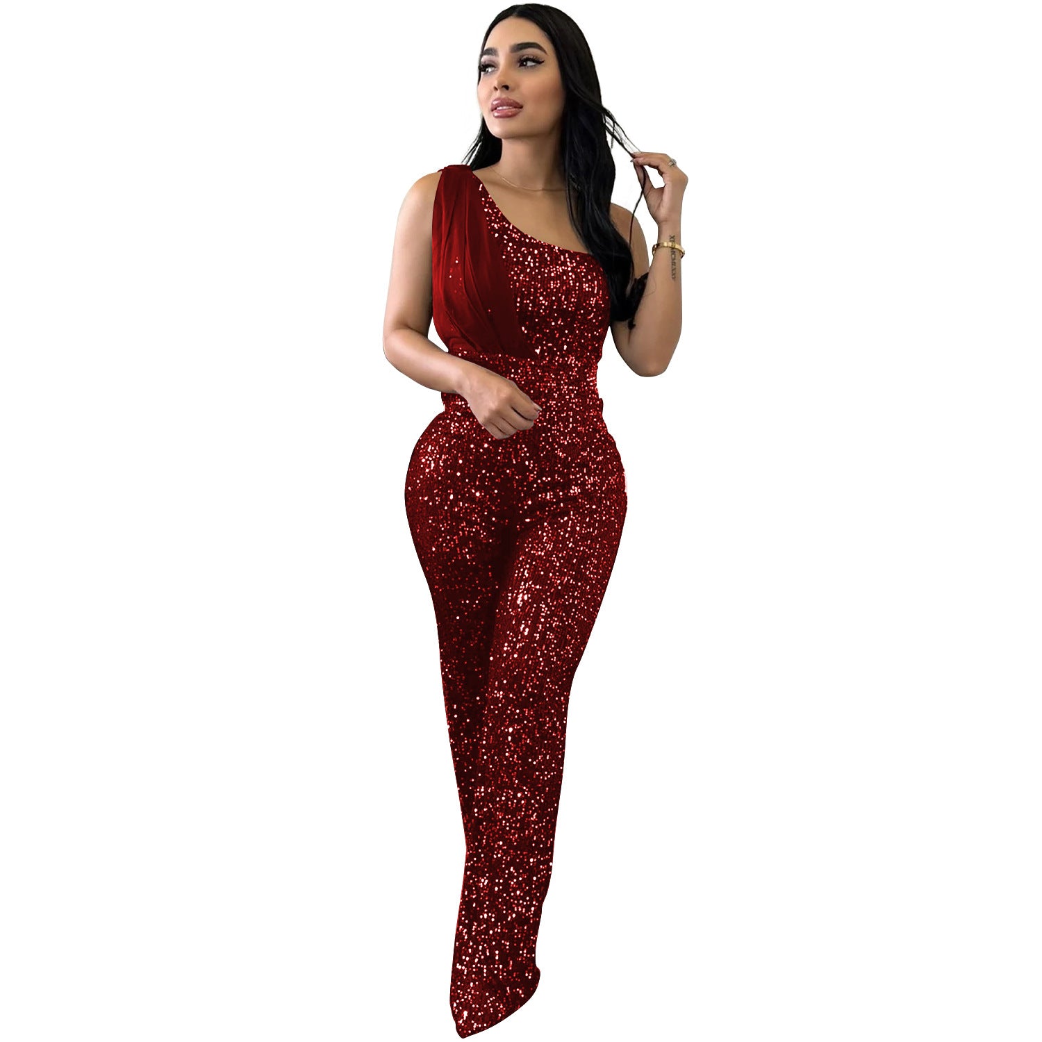 Women Solid Sleeveless One Shoulder Sequin Jumpsuit 14