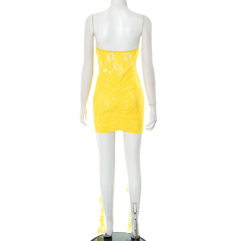 Women Solid Strapless Off-shoulder Lace Ribbon Bodycon Dress 7