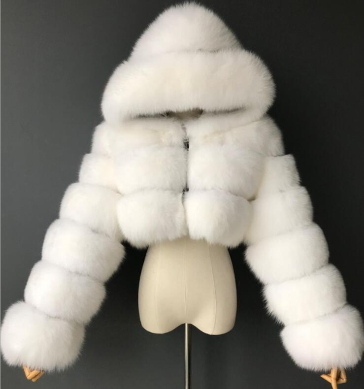Women Faux furry Hooded Long Sleeve Crop Jacket 13