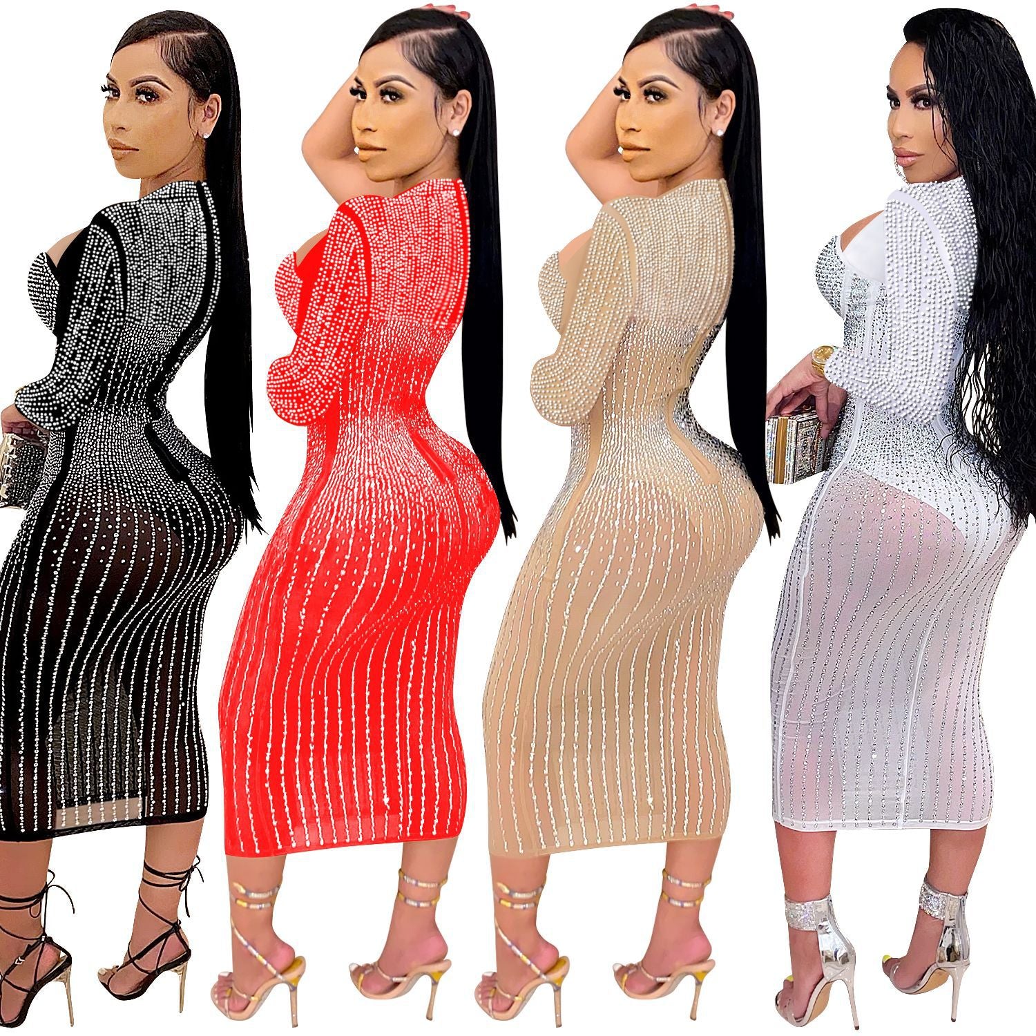 Women Mesh See-Through Beaded Strap Dress 12