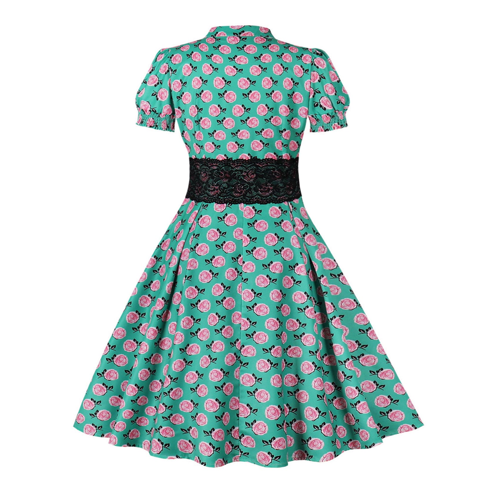 Lace Slim Waist Short Sleeve Rose Print High Waist Chic Retro Swing Dress For Women