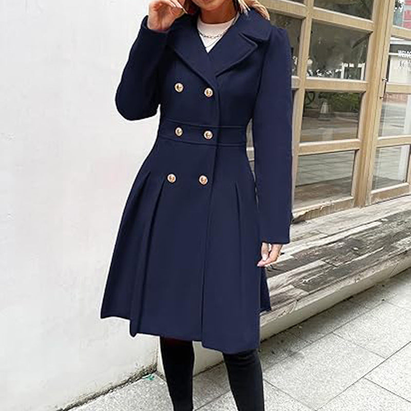 Women Fall and Winter Turndown Collar Double-Breasted Pocket Windbreaker 3