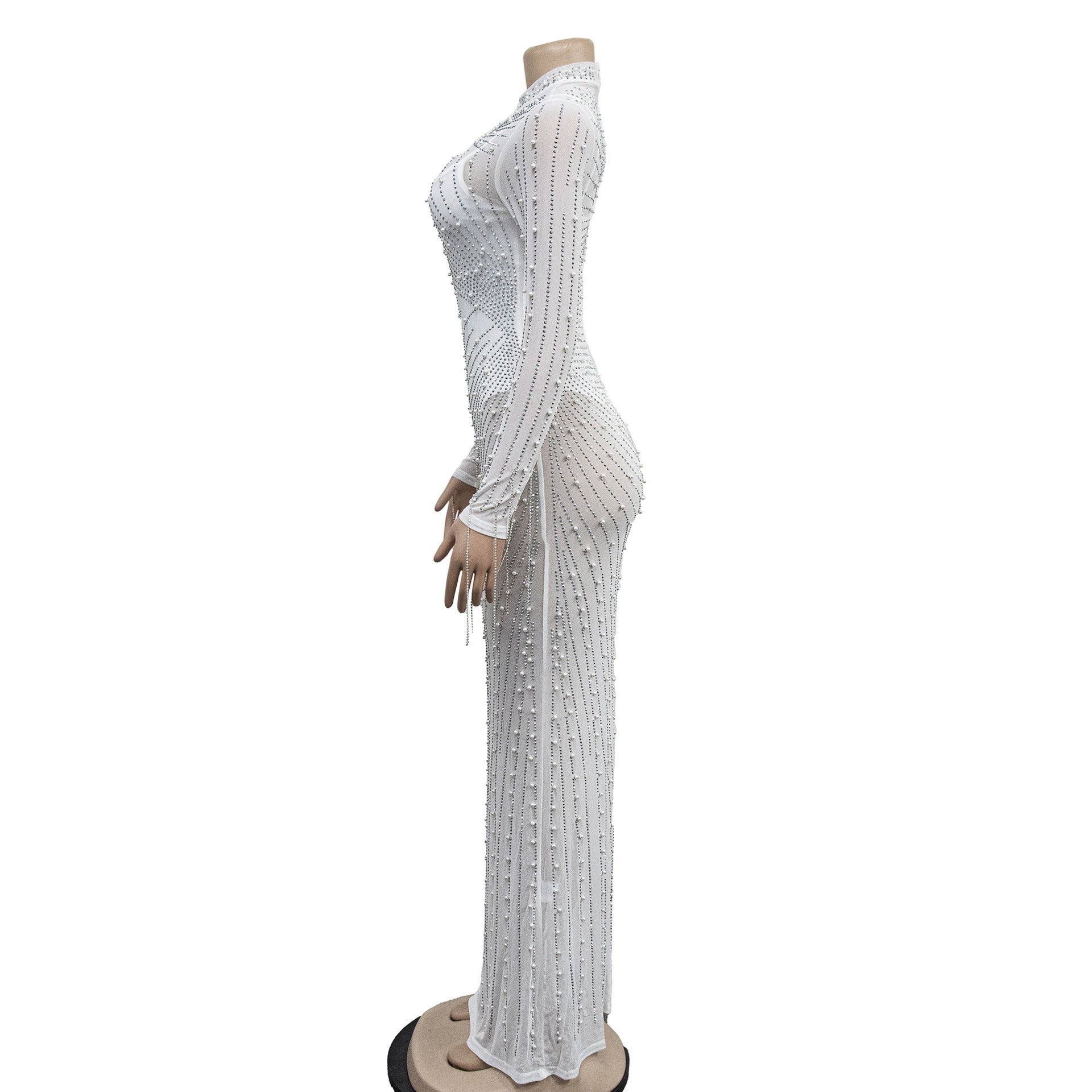 Women Mesh See-Through Beaded Long Sleeve Maxi Dress Set 15