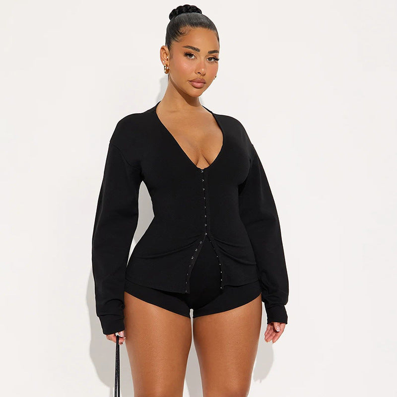 Women's Autumn Winter Round Neck Buttons Slim Waist Long Sleeve Top Shorts Set 16