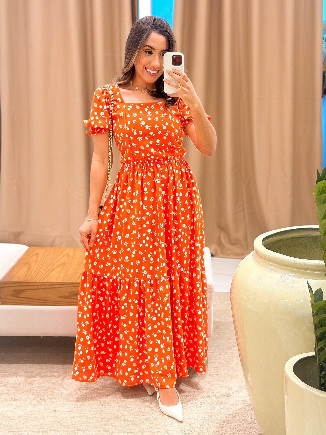 Women Square Neck Puff Sleeve Floral Dress 3