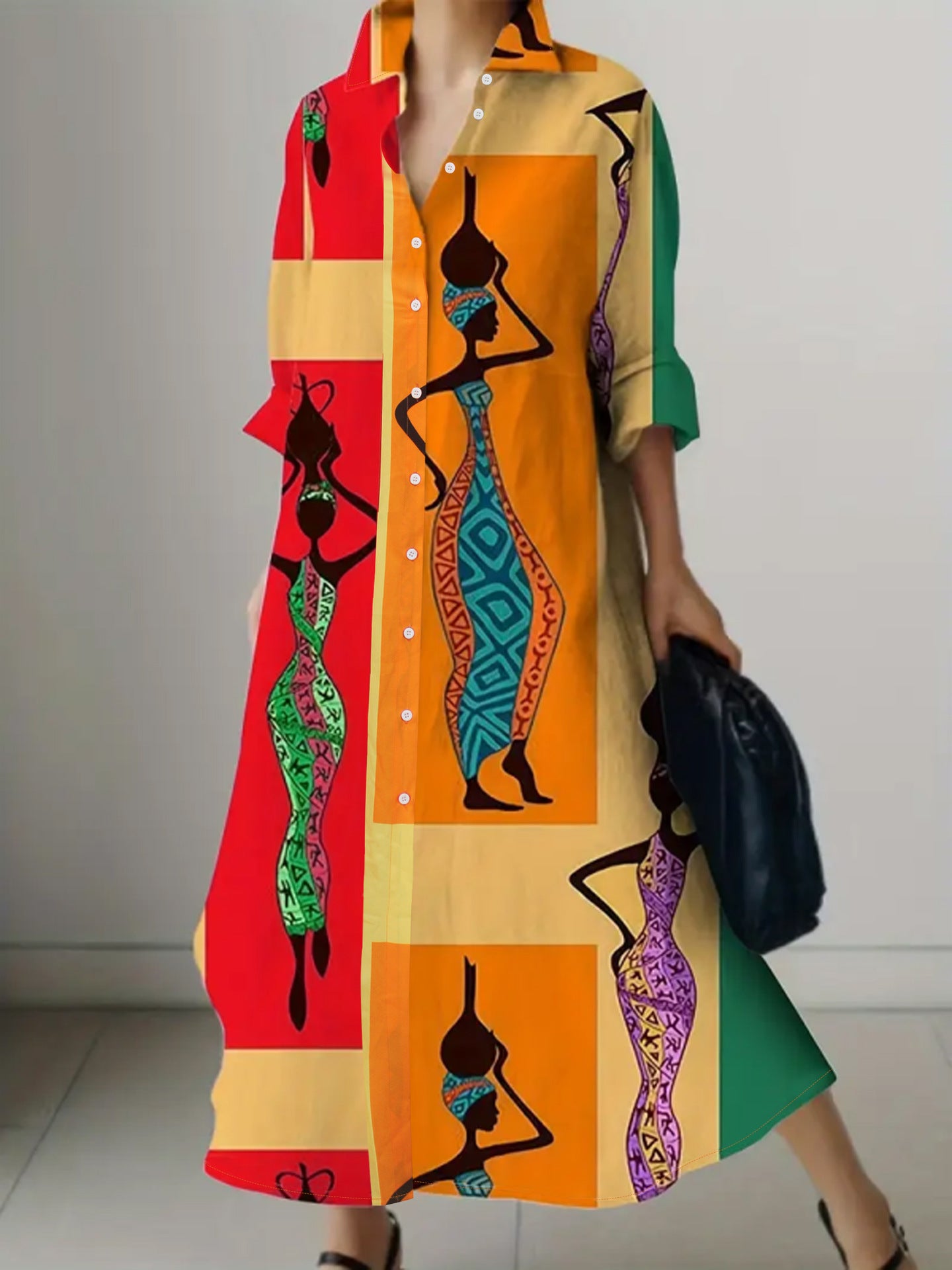 Women's Fashion Elegant Print Turndown Collar Long Sleeve Shirt Dress 5