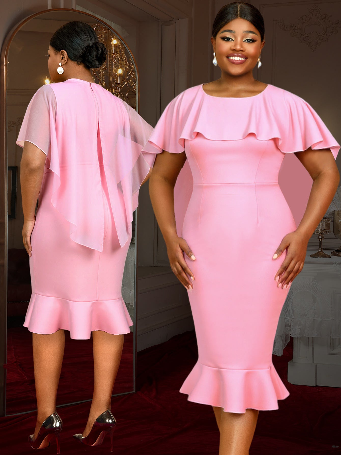 Plus-Size Women Style Cape Round Neck Ruffle Bodycon Formal Party Fishtail Dress