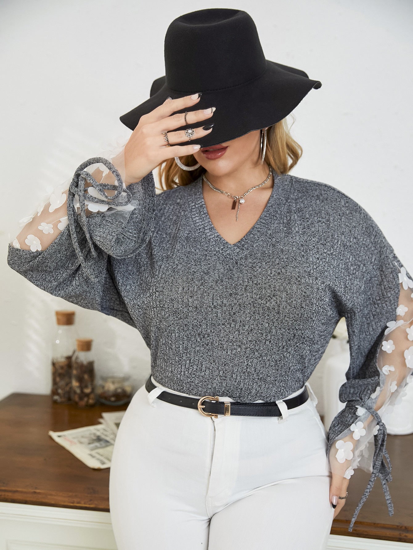 Plus Size Women's Long Sleeve Career Loose Lace Bow Top 6