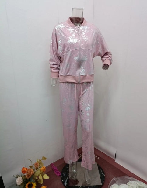 Women summer sequin print zipper casual top and pant two-piece set 10