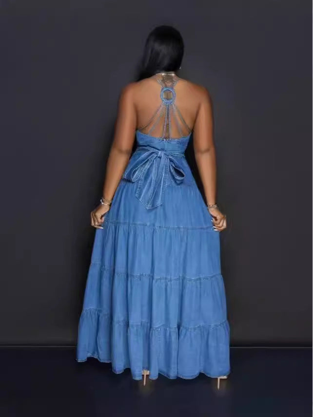 Women's Autumn Sexy V-Neck Strap Low Back Cascading Ruffles Long Dress 3