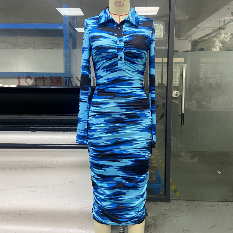 Women's Spring And Summer Printed Fashion Casual Pleated Long Sleeve Slim Chic Long Dress 18