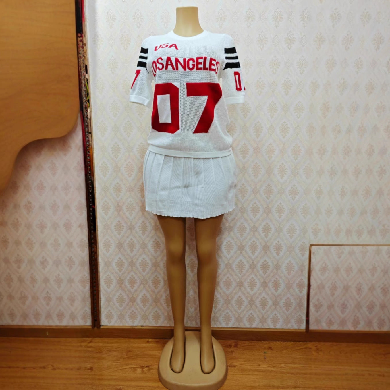 Women’s Summer Fashion Casual Short-Sleeve Knitted pleated Skirt Two-Piece Set 5