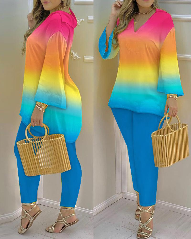 Spring Summer Print Fashion V-Neck Long Sleeve 2-Piece Pants Set 10