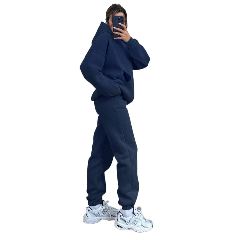 Autumn and winter solid color fleece Hoodies pants two-piece fashionable casual set 16