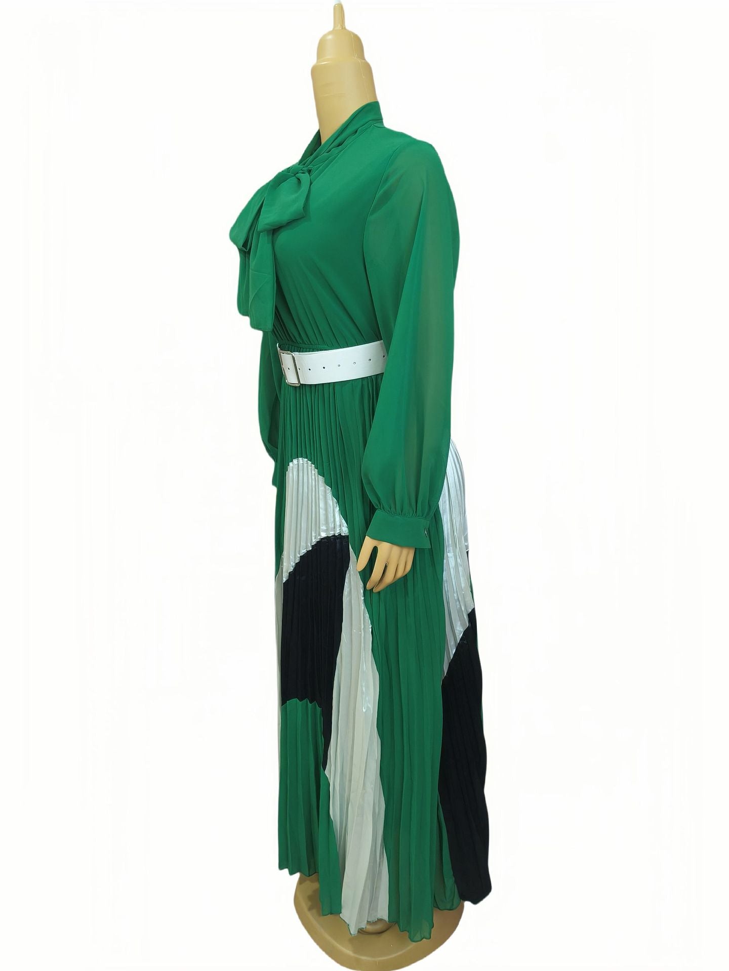 Plus Size African Women Lace-Up Long Sleeve Color Block Pleated Elegant Dress 6
