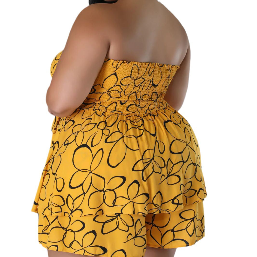 Summer Sexy Print Wrapped Chest Strapless Top Shorts Two-piece Plus Size Women's Set 6