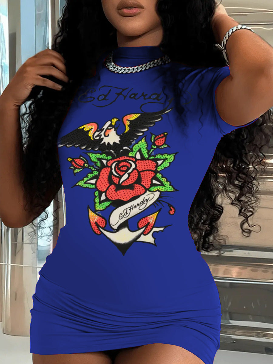 Fashion Printed Short Sleeve Casual Short Dress 4