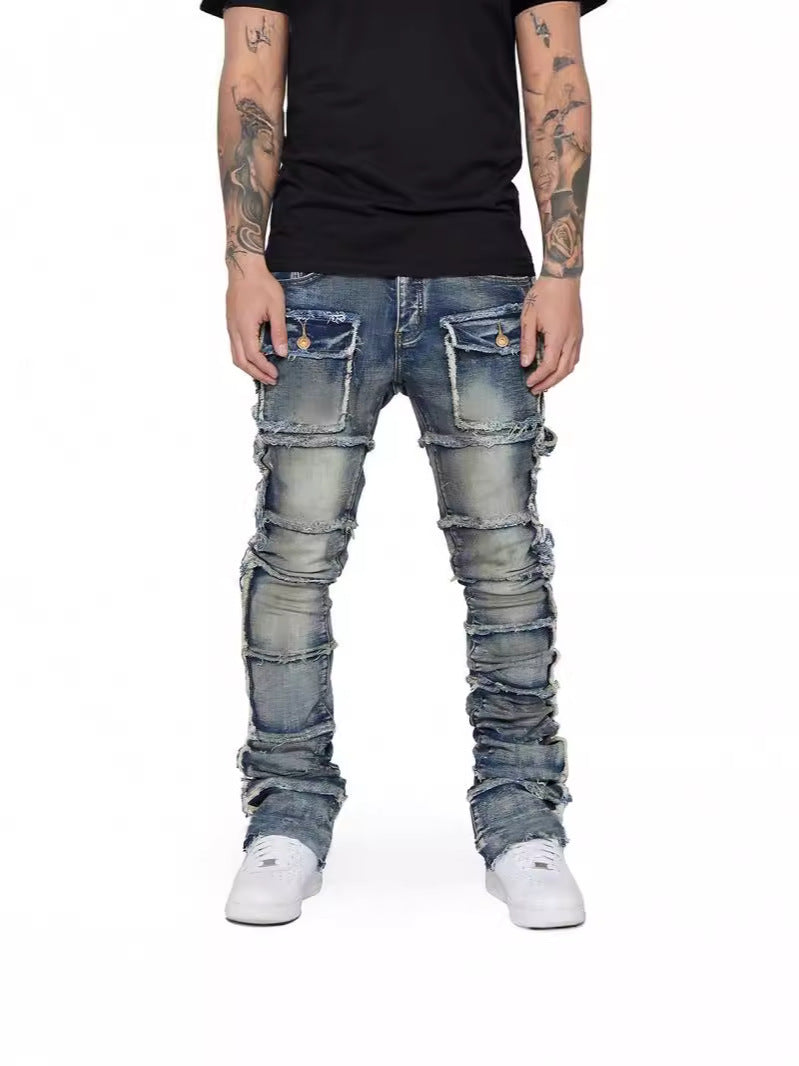 Men's Elastic Patch Denim Cargo Straight Pants 5