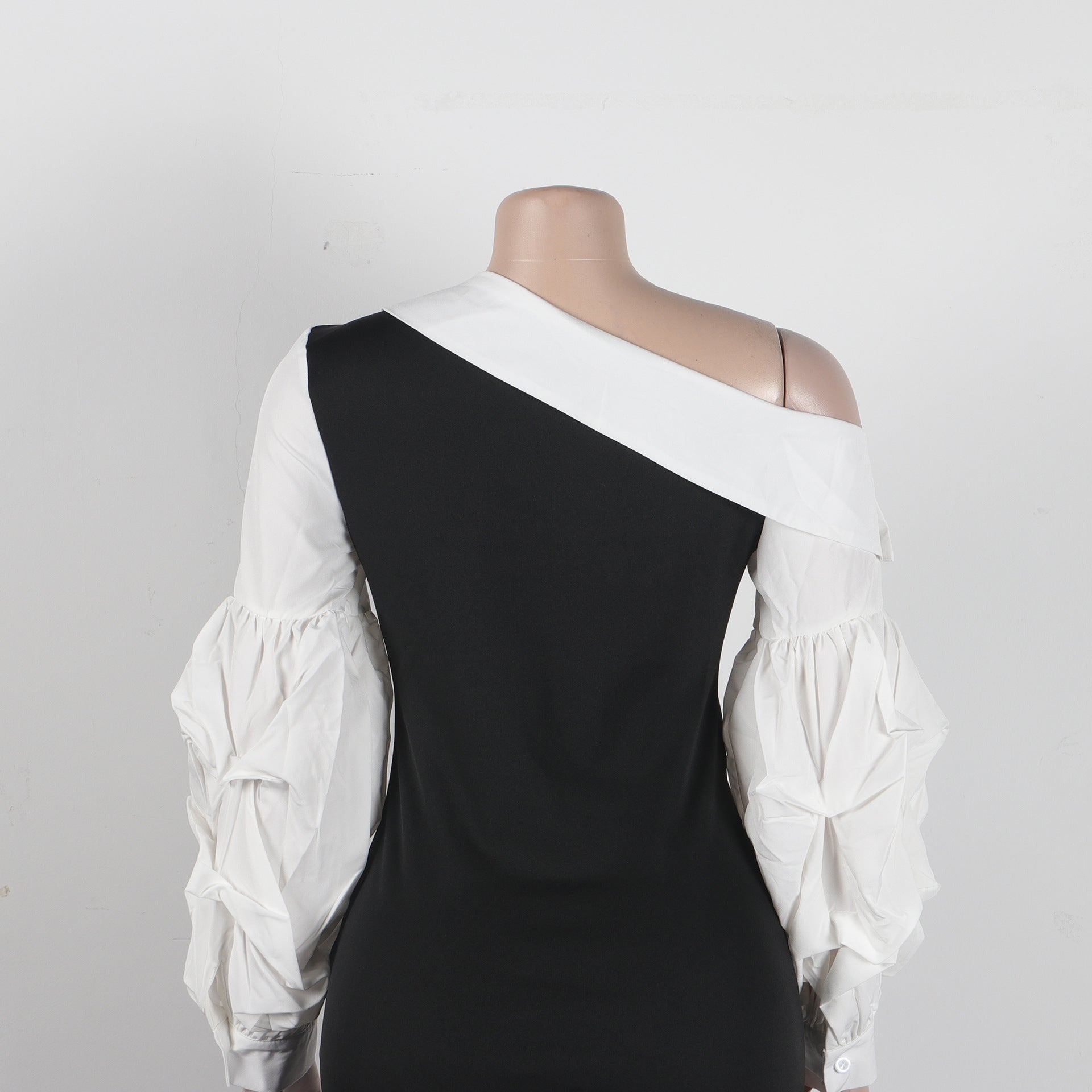 Women Contrast Slash Shoulder Stretch Bodycon Slit Balloon Sleeve Dress 19