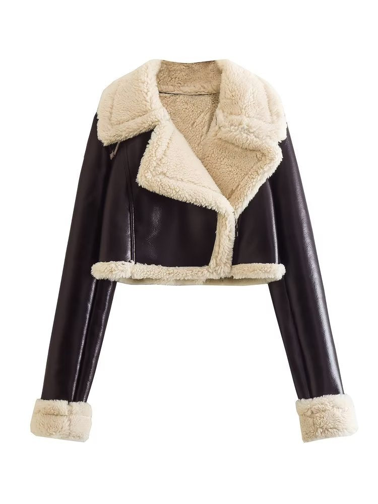 Winter Women Turndown Collar Lamb Wool PU-Leather Crop Jacket 11