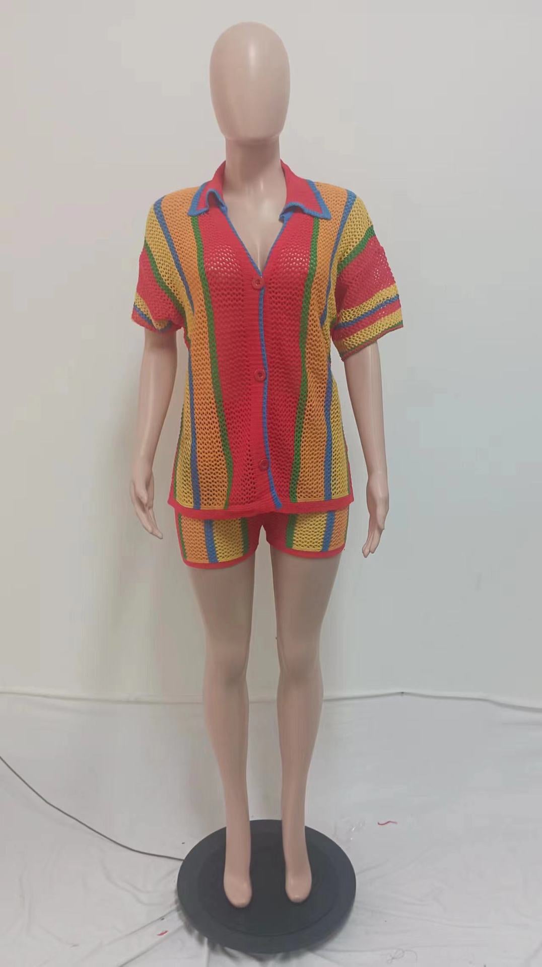 Women's Sexy Hollow See-Through Turndown Collar Knitting Two Piece Shorts Set 19