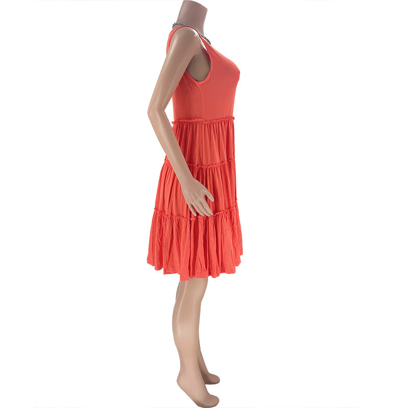 Summer Solid Round Neck Sleeveless Casual Women's Fashion Pleated Casual Dress 20