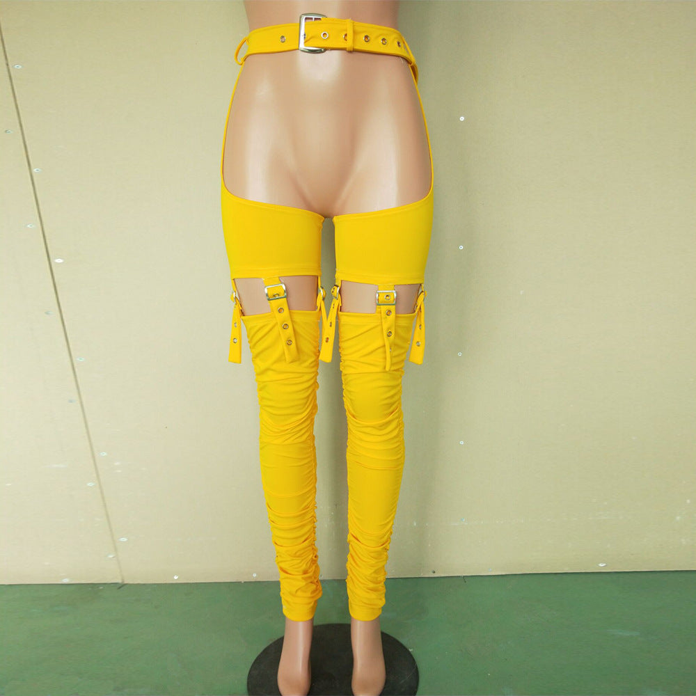 Women Sexy Belt Irregular Pleats Tight Pants 6