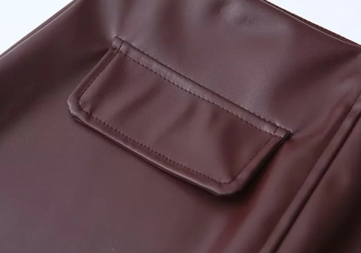 Women's Turndown Collar Button Pu Jacket Mini Skirt Two-Piece Set 17