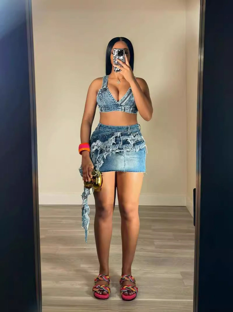 Women Summer Style Tassel Top and Skirt Elastic Denim Two-piece Set 5
