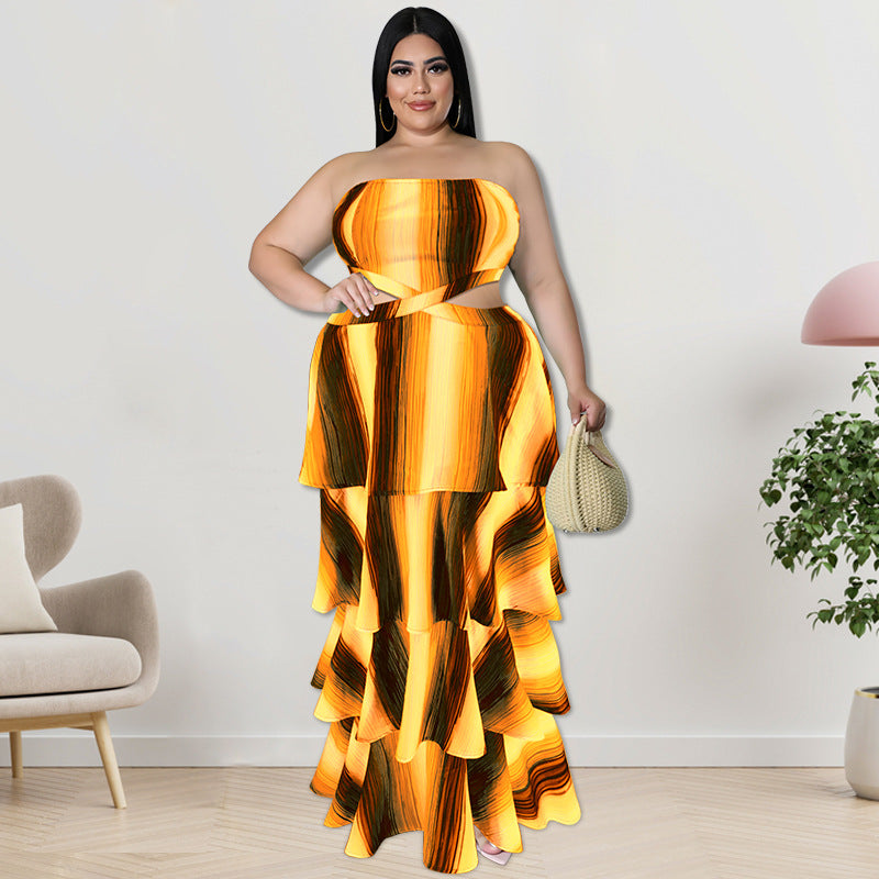Plus Size Fall Women'S Strapless Stripe Print  Swing Layer Maxi Dress 4