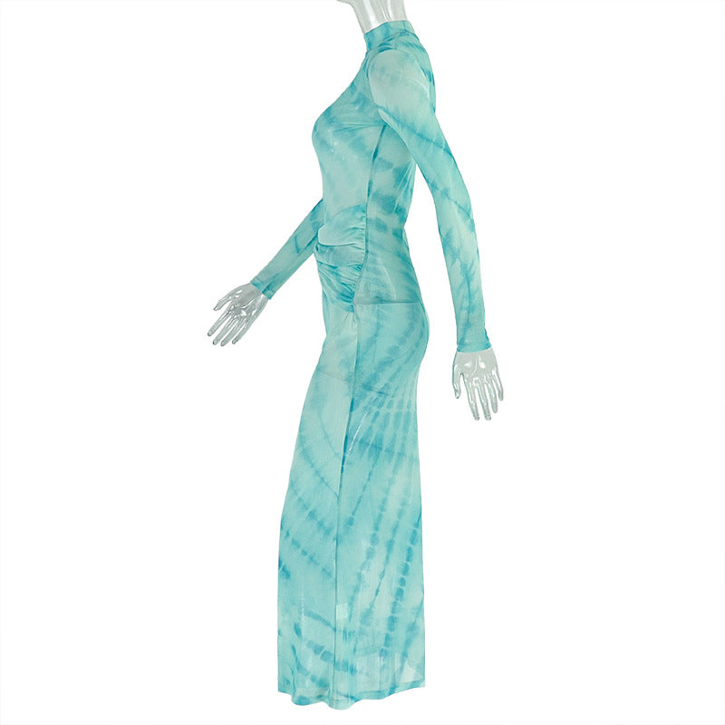 Women Printed Mesh Waist Bodycon High Neck Long Sleeve Chic Dress 7