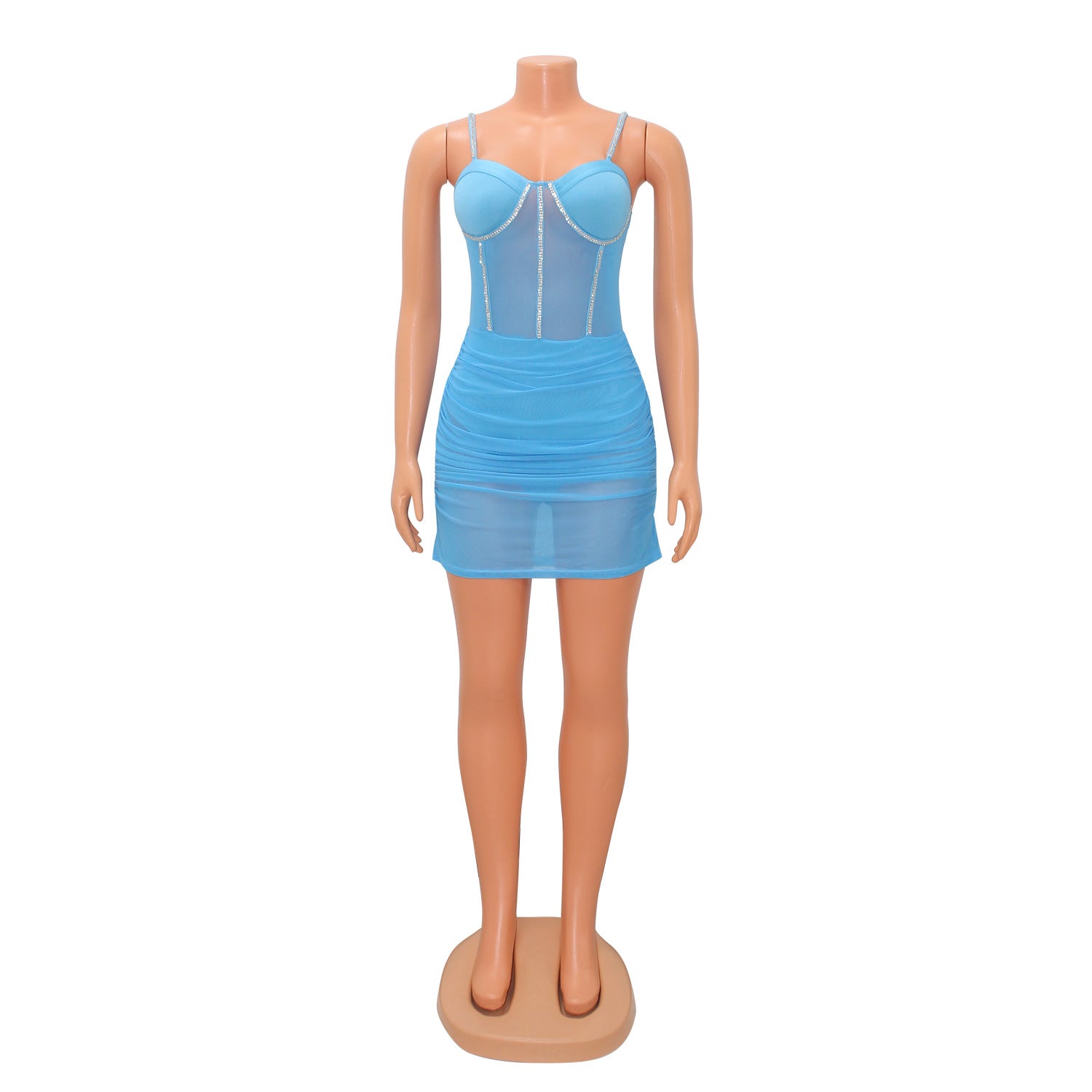 Summer Women's Sexy Tight Fitting Mesh See-Through Diamond Strap Dress 10