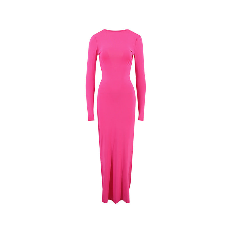 Women Pleated Long Sleeve Backless Bodycon Maxi Evening Dress 14