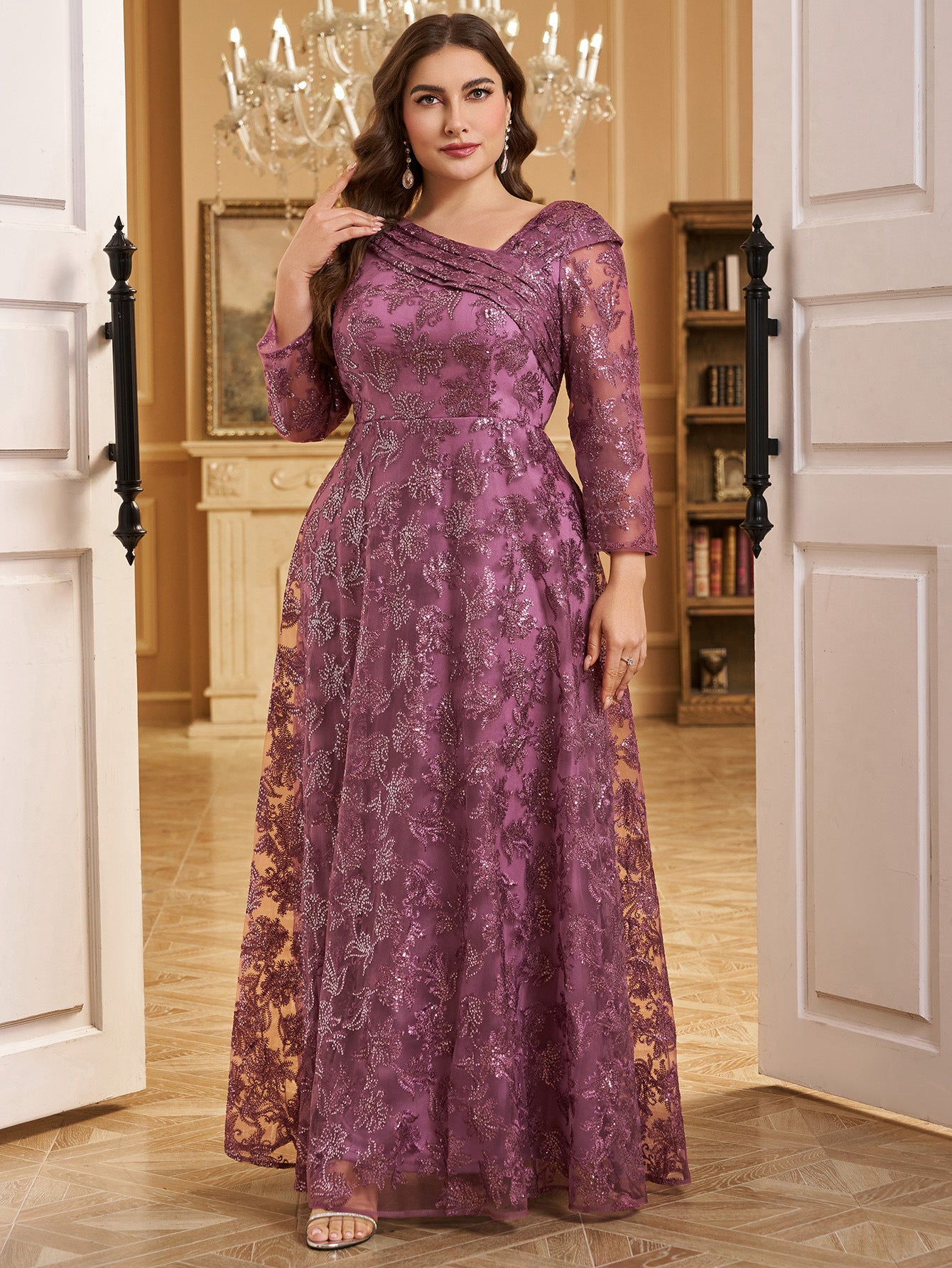 V-Neck PurpleMesh Sequin Embroidery Elegant Evening Dress 3