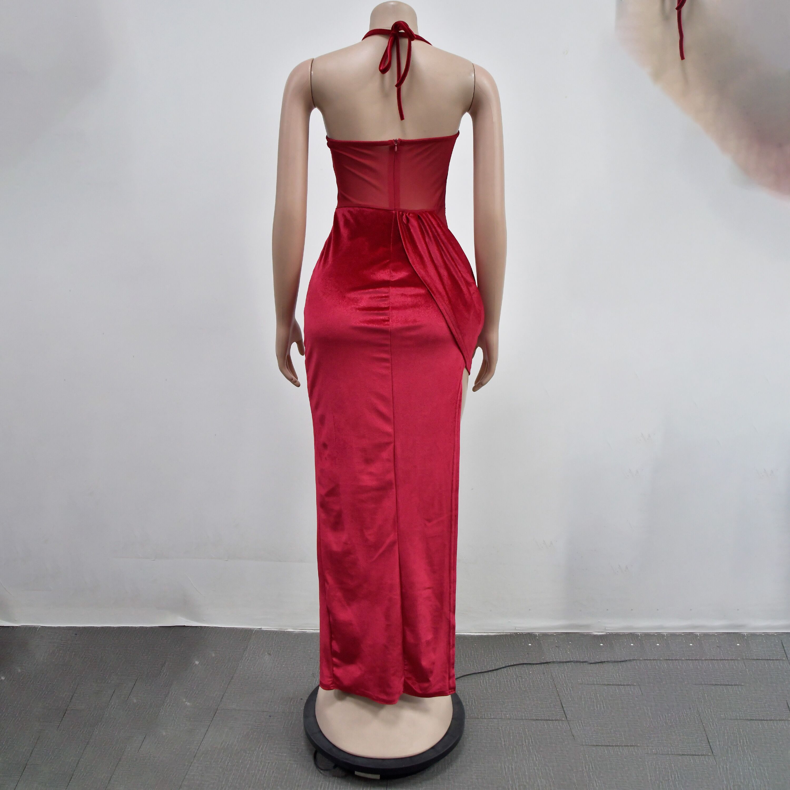 Fashion Women's Solid Color Mesh Straps Slit Long Dress 29