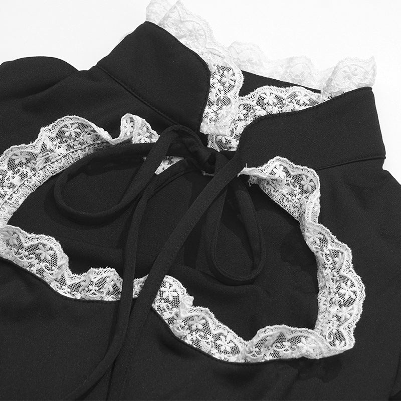 Spring Solid Color High Neck Lace Patchwork Long Sleeve Slim Dress 6