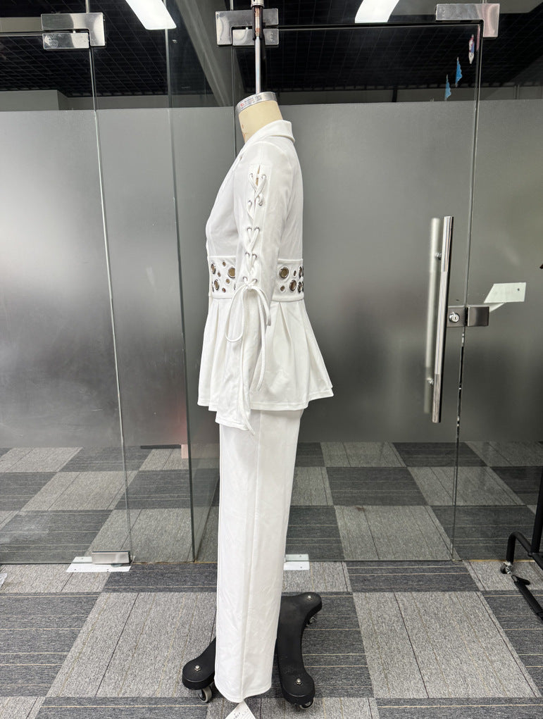 Elegant Career Slim Waist Lace-Up Decor Blazer Two-Piece Set 8