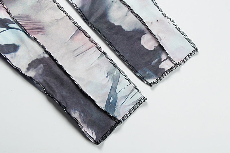 Women's Fall Sexy Round Neck Print Crop Top Tight Fitting Butt Lift Long Pants Set 11