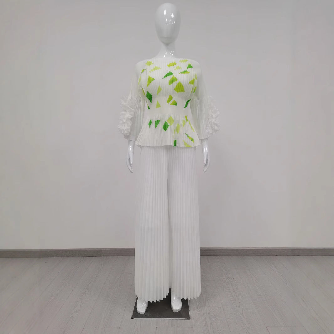 Plus Size Women Casual Pleated Top and Wide Leg Pants Two Piece Set 9