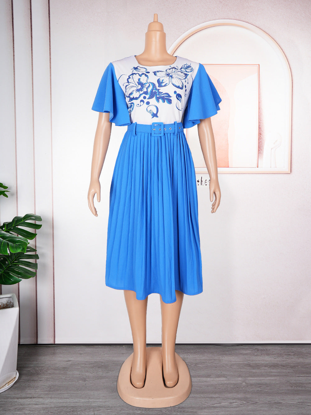 African Women's Printed Mother Of The Bride Dress Plus Size Pleated Dress With Belt 15