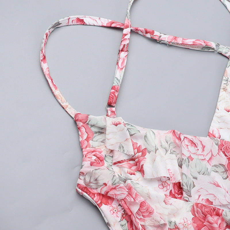 Women Spring Sexy Ruffle Floral Print Slit Dress 12