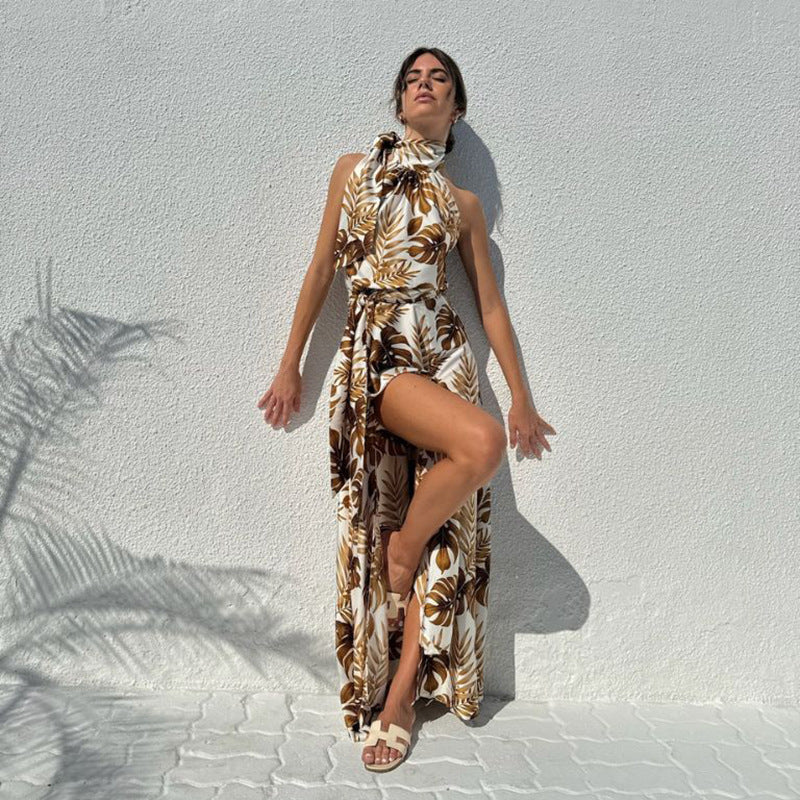 Spring Women's Fashion Print Sexy High Slit Long Dress 3