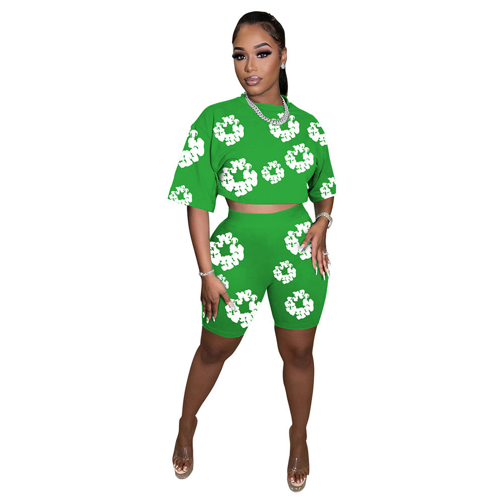 Women Summer Round Neck Short Sleeve Top and Shorts Printed Two-piece Set 5