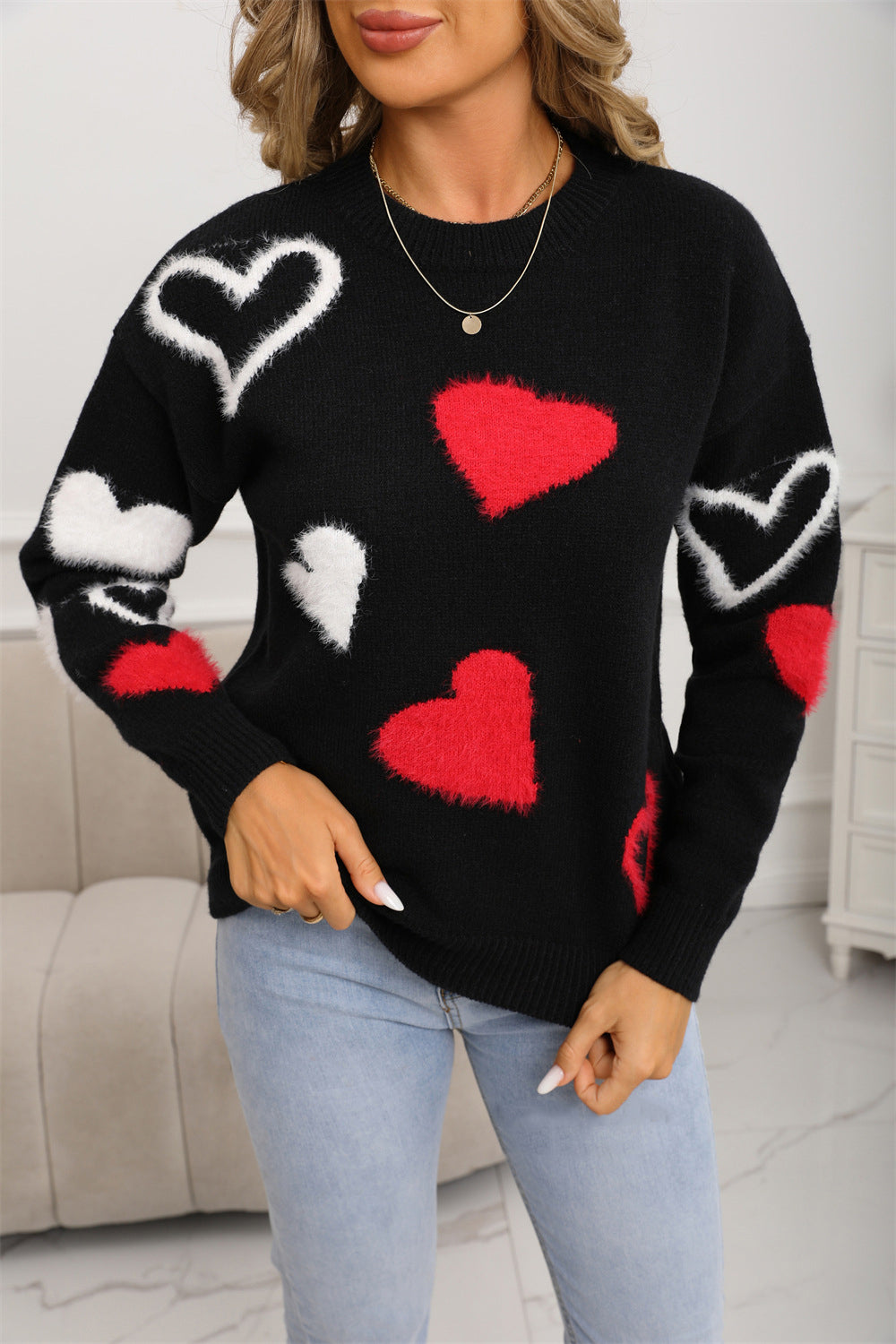 Spring Sweater Heart Print Valentine's Day Sweater Round Neck Knit Pullover Top 3