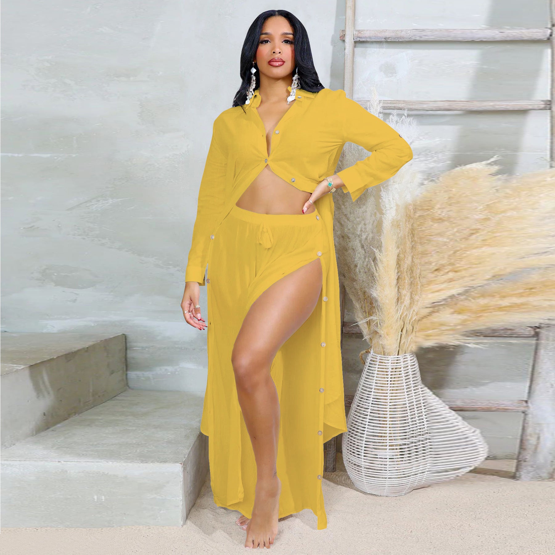 Women Solid Long Sleeve Top and Slit Skirt 2-piece set 4