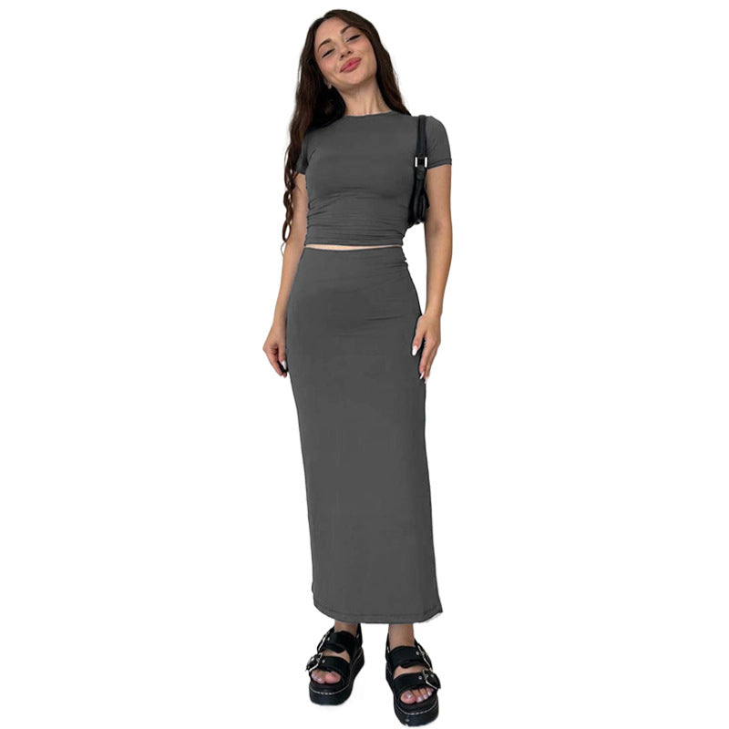 Summer Women's Fashion Casual Solid Color Round Neck Short Sleeve Top Long Skirt Set 8